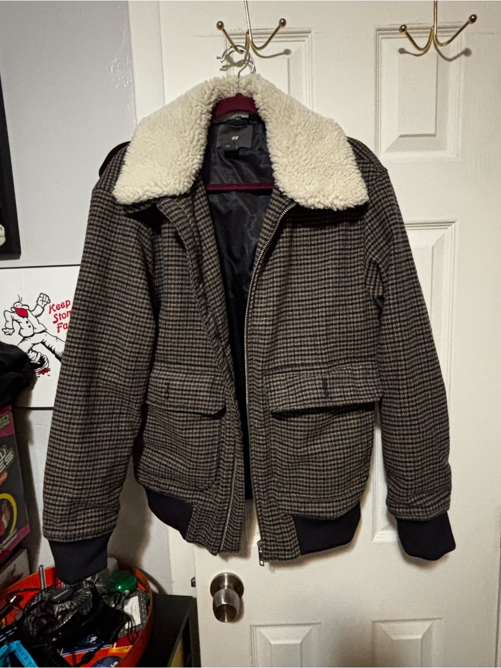H&M Brown Houndstooth Bomber Jacket with Cream Sherpa Collar